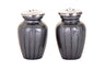 Smoke dark grey enamel salt and pepper shakers with streaked finish and silver-tone tops, shown side by side