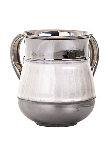 Two-handled wash cup with pearly white enamel body and polished silver-tone rim and base