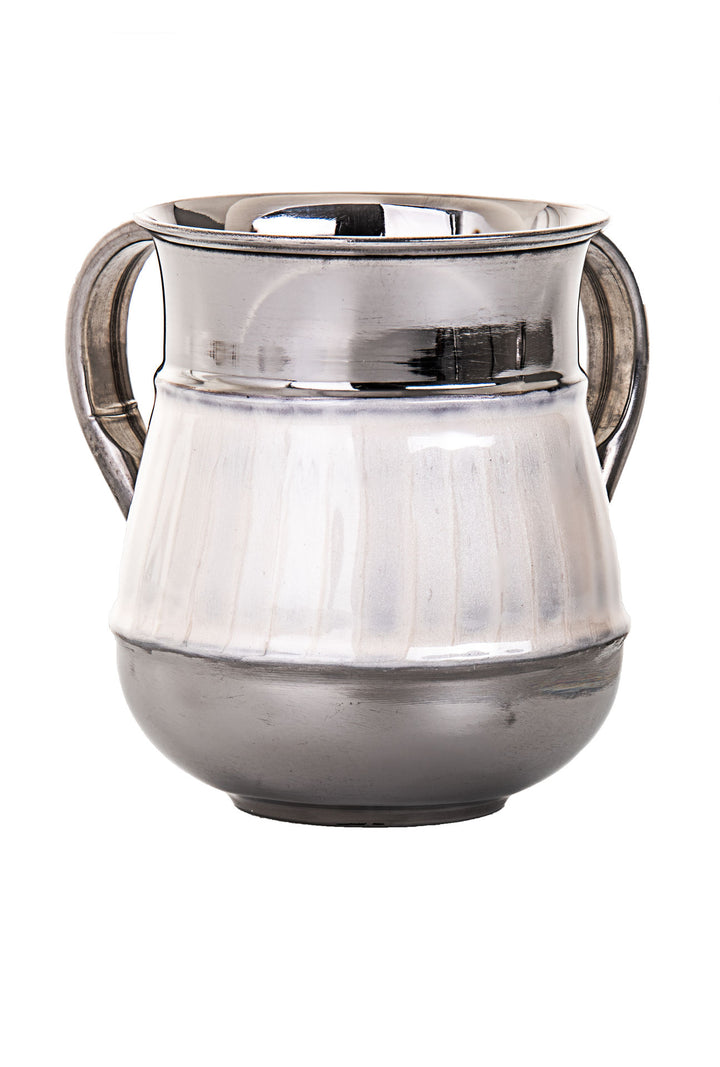 Two-handled wash cup with pearly white enamel body and polished silver-tone rim and base