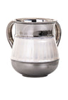 Two-handled wash cup with pearly white enamel body and polished silver-tone rim and base