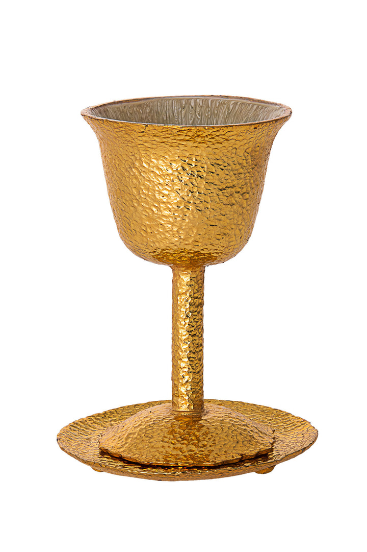 Hammered gold metal Kiddush cup on a slim stem with matching round tray