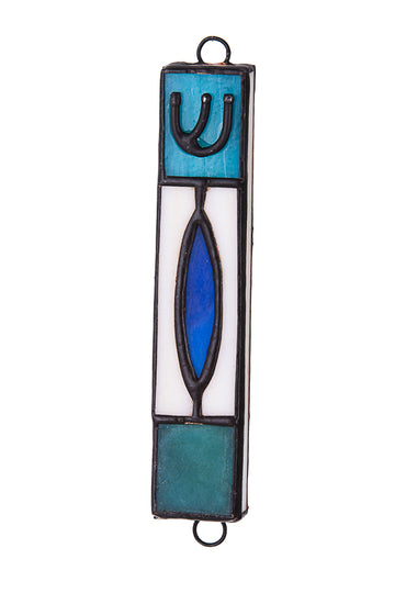 Stained glass mezuzah with aqua Shin panel, deep blue oval on white glass and teal lower panel