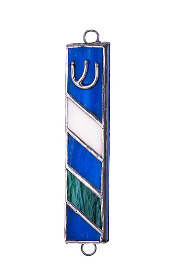 Cobalt blue stained glass mezuzah with diagonal white and green stripes and a silver-tone Shin