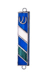 Cobalt blue stained glass mezuzah with diagonal white and green stripes and a silver-tone Shin