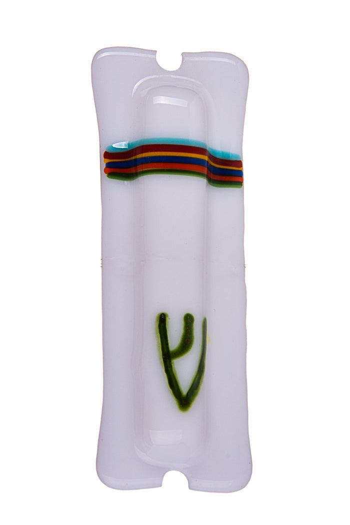 White fused glass mezuzah with a multicolored striped band near the top and a green Shin below