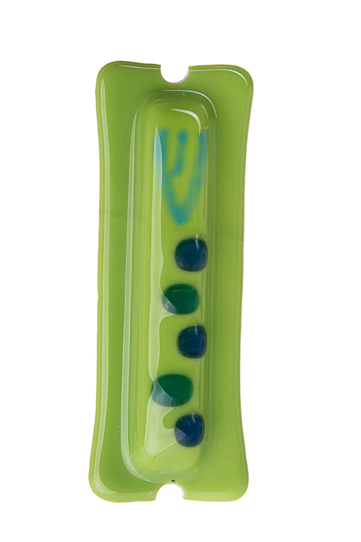 Lime green glass mezuzah with a blue-green Shin above a vertical column of blue and green dots