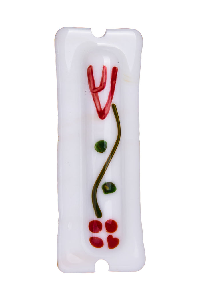 White glass mezuzah with red Shin, green vine with dots and four small red hearts at the base