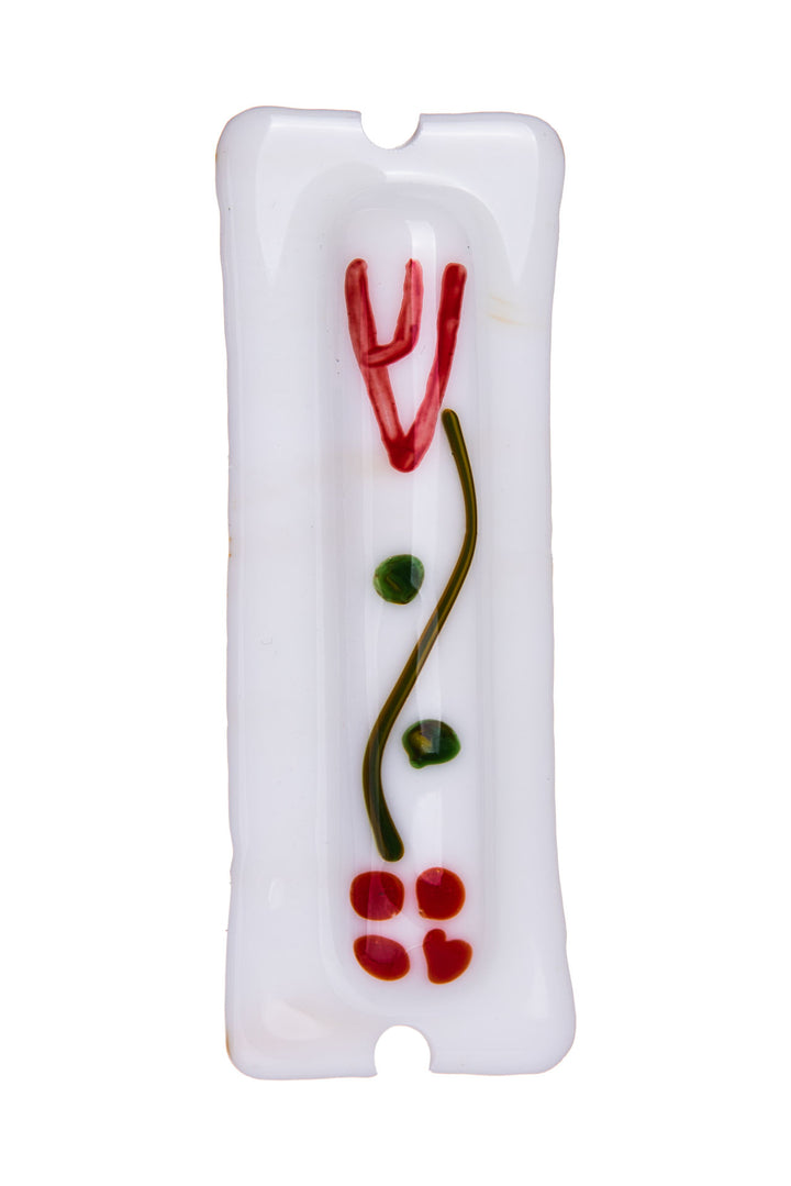 White glass mezuzah with red Shin, green vine with dots and four small red hearts at the base