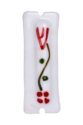 Glass White Mezuzah with red/green dots