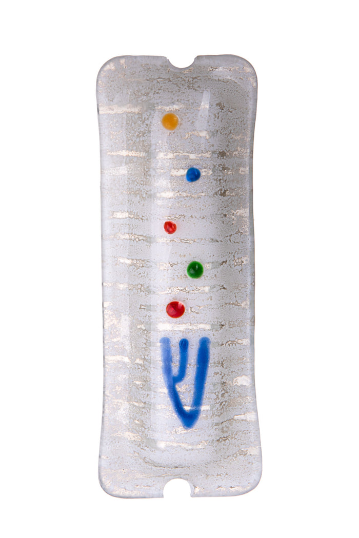 Frosted white glass mezuzah with small orange, blue, red and green dots above a blue Shin