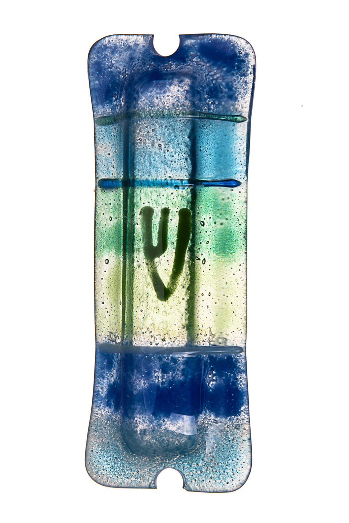 Speckled cobalt, aqua and green banded glass mezuzah with fine blue lines and a dark Shin