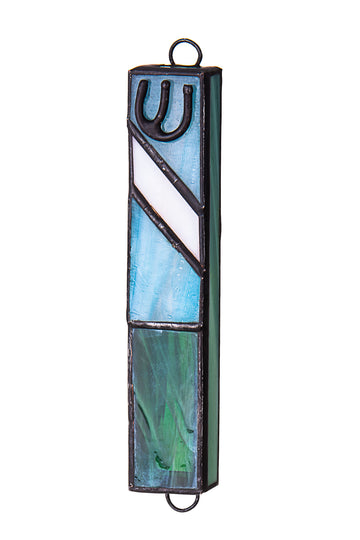 Light blue stained glass mezuzah with a white diagonal stripe, marbled green base and dark Shin