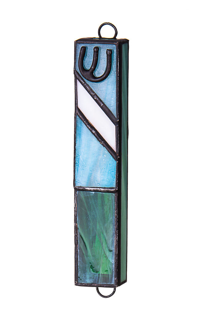 Light blue stained glass mezuzah with a white diagonal stripe, marbled green base and dark Shin