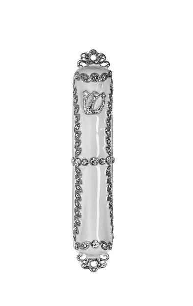 White enamel with clear stones Mezuzah Case — alternate view | Judaica Square Lakewood