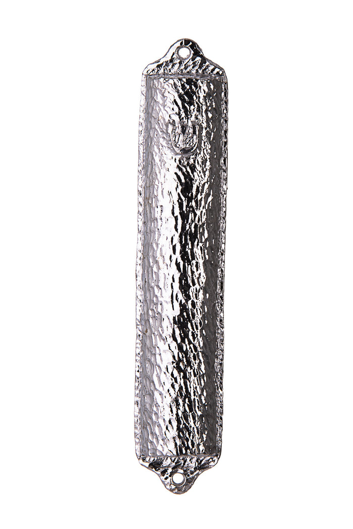 Hammered silver metal mezuzah case with small shin and mounting holes at each end