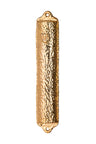 Slim hammered gold-tone mezuzah case with shaped end tabs and a small Shin near the top