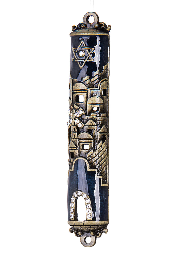 Blue enamel mezuzah case with gold-tone Jerusalem skyline, Star of David and clear stones