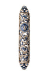 Royal blue jeweled mezuzah case with open gold-tone filigree, blue stones and Shin medallion