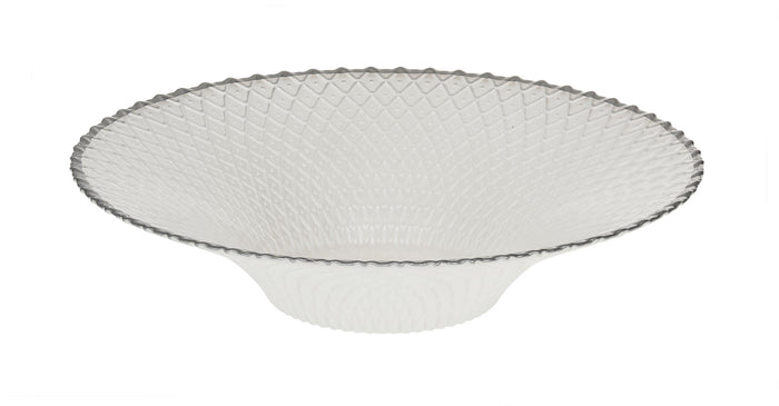 Wide round white glass bowl with diamond lattice texture and grey scalloped rim