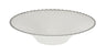 Wide round white glass bowl with diamond lattice texture and grey scalloped rim