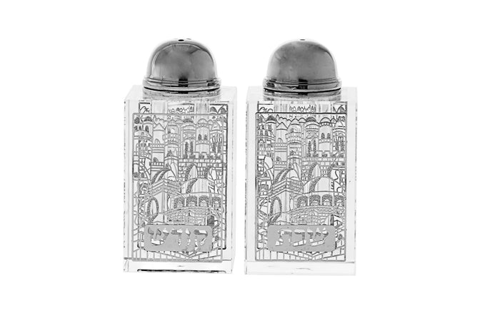 Two crystal shakers with silver-tone Jerusalem skyline panels, Hebrew lettering and domed caps