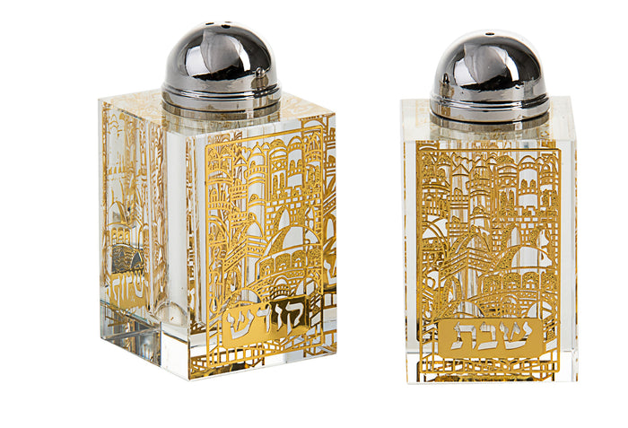 Jerusalem Crystal Gold Salt & Pepper Set | Judaica Square Lakewood