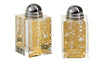 Square crystal salt and pepper shakers wrapped in gold Jerusalem cityscape with domed silver-tone tops
