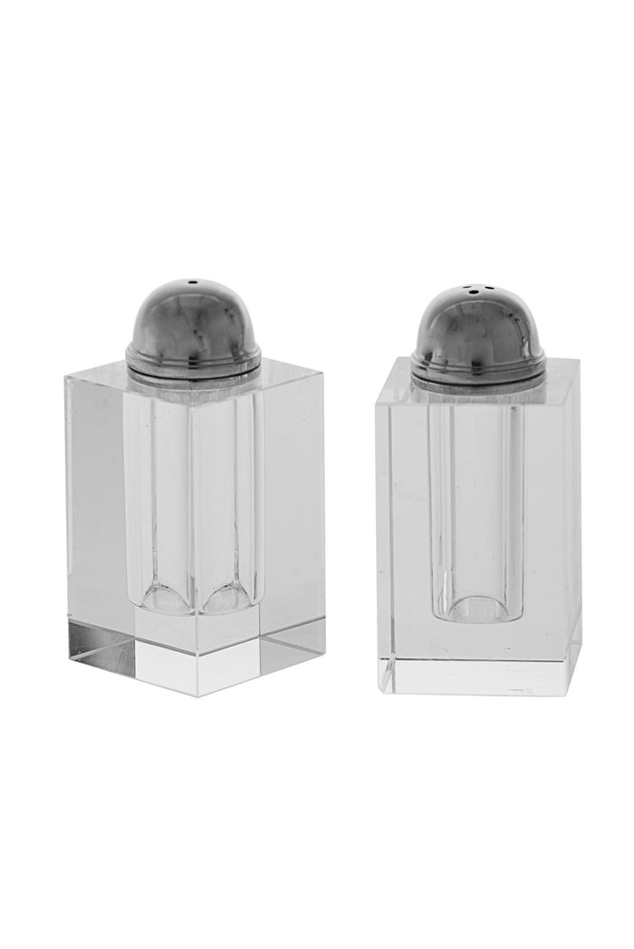 Pair of square clear crystal salt and pepper shakers with domed silver-tone tops