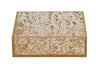 Square clear Lucite napkin holder filled with scattered gold flakes, shown from the front