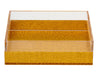 Square napkin holder with gold-tone textured base and clear Lucite sides