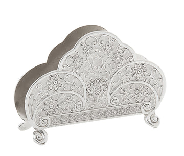 Upright silver plated napkin holder with scalloped fan front, raised floral filigree and curled feet