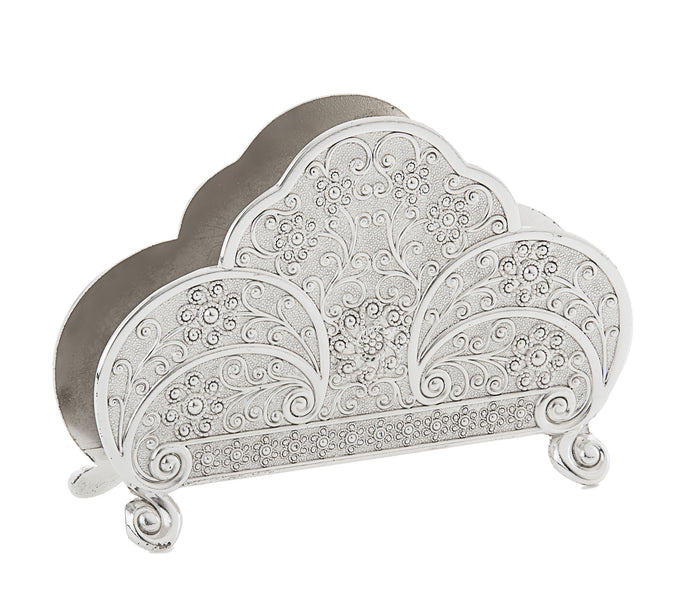 Upright silver plated napkin holder with scalloped fan front, raised floral filigree and curled feet