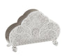 Upright silver plated napkin holder with scalloped fan front, raised floral filigree and curled feet