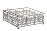 Square silver plated napkin holder with openwork scroll walls, ball feet and a top bar