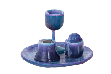 Blue haze resin havdalah set with a round tray holding a cup, spice box and candle holder