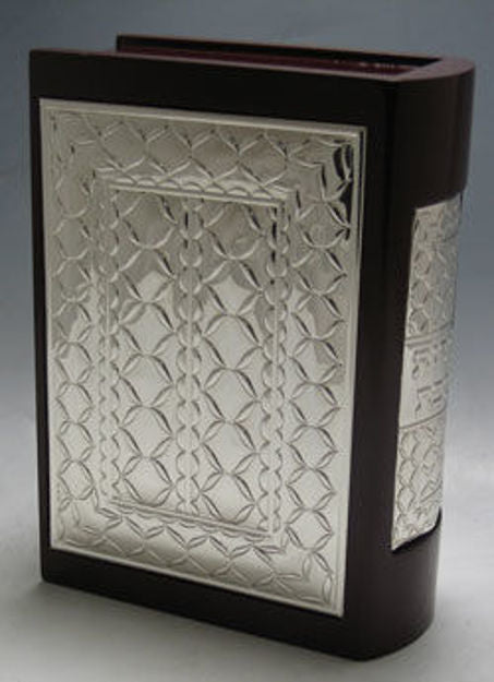 Book-shaped bencher holder with silver lattice front and spine panels on a dark wood body