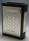 Book-shaped bencher holder with silver lattice front and spine panels on a dark wood body
