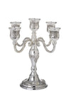 Five-branch silver plated candelabra with grape-embossed cups, scrolled arms and a round base