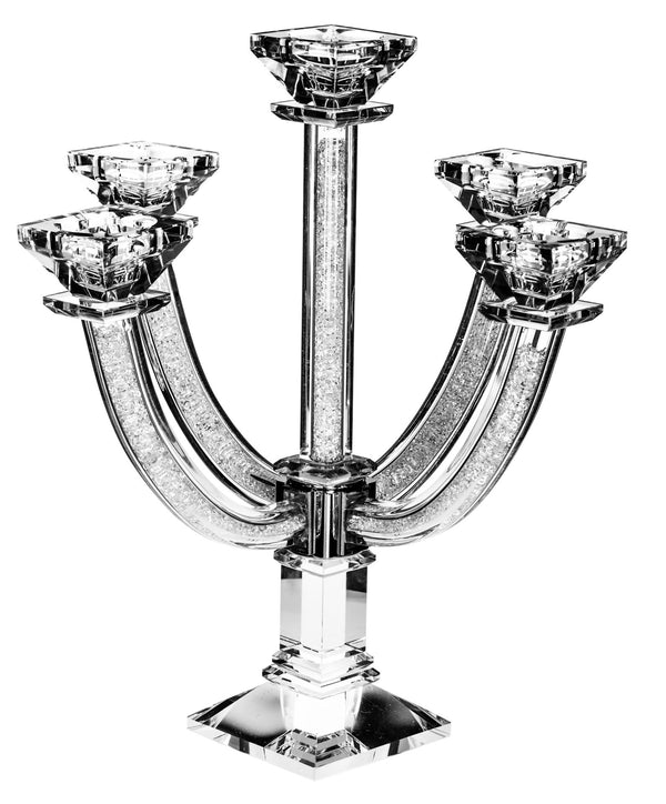 Five-branch crystal candelabra, curved arms filled with sparkling crushed stones and square faceted cups
