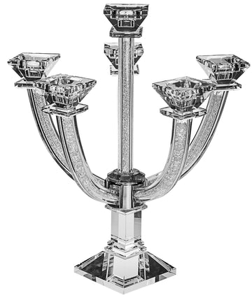 Crystal candelabra with crushed stone arms and square cups, shown front-on against white