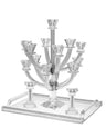Crystal 13 branch candelabra on a mirrored tray flanked by two matching crystal candlesticks