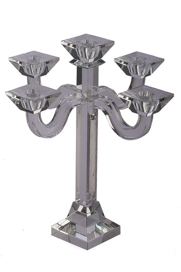 Compact five-branch crystal candelabra with square cups and a slim square column on a stepped base
