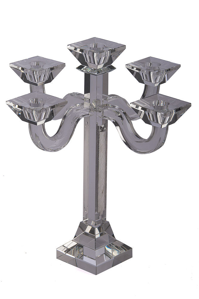Compact five-branch crystal candelabra with square cups and a slim square column on a stepped base