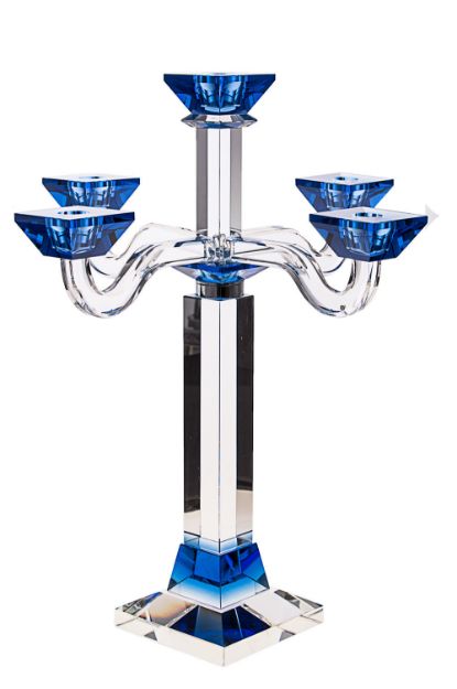 Candelabra Crystal 5 Branches with blue accents — alternate view | Judaica Square Lakewood