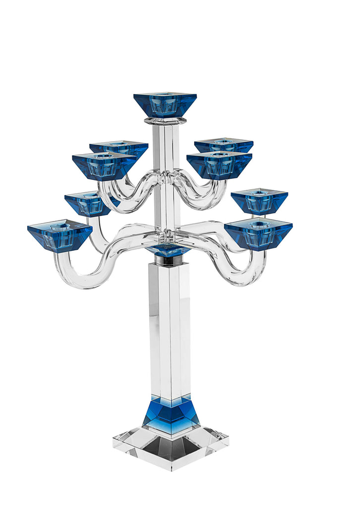 Blue crystal candelabra with nine square blue cups on clear curved arms and a tall column