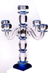 Clear crystal 5 branch candelabra with cobalt blue accents on cups, column and square base