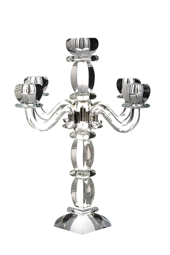 Clear crystal 5 branch candelabra with curved arms, stacked crystal column and silver center hub
