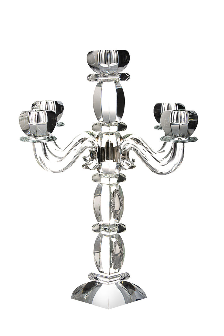 Clear crystal 5 branch candelabra with curved arms, stacked crystal column and silver center hub