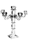Clear crystal candelabra with rounded cups on curved arms and a silver-tone center hub