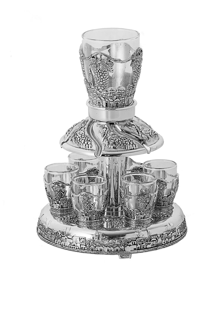 Silver Plated 6 Cup Fountain Jerusalem Design | Judaica Square Lakewood